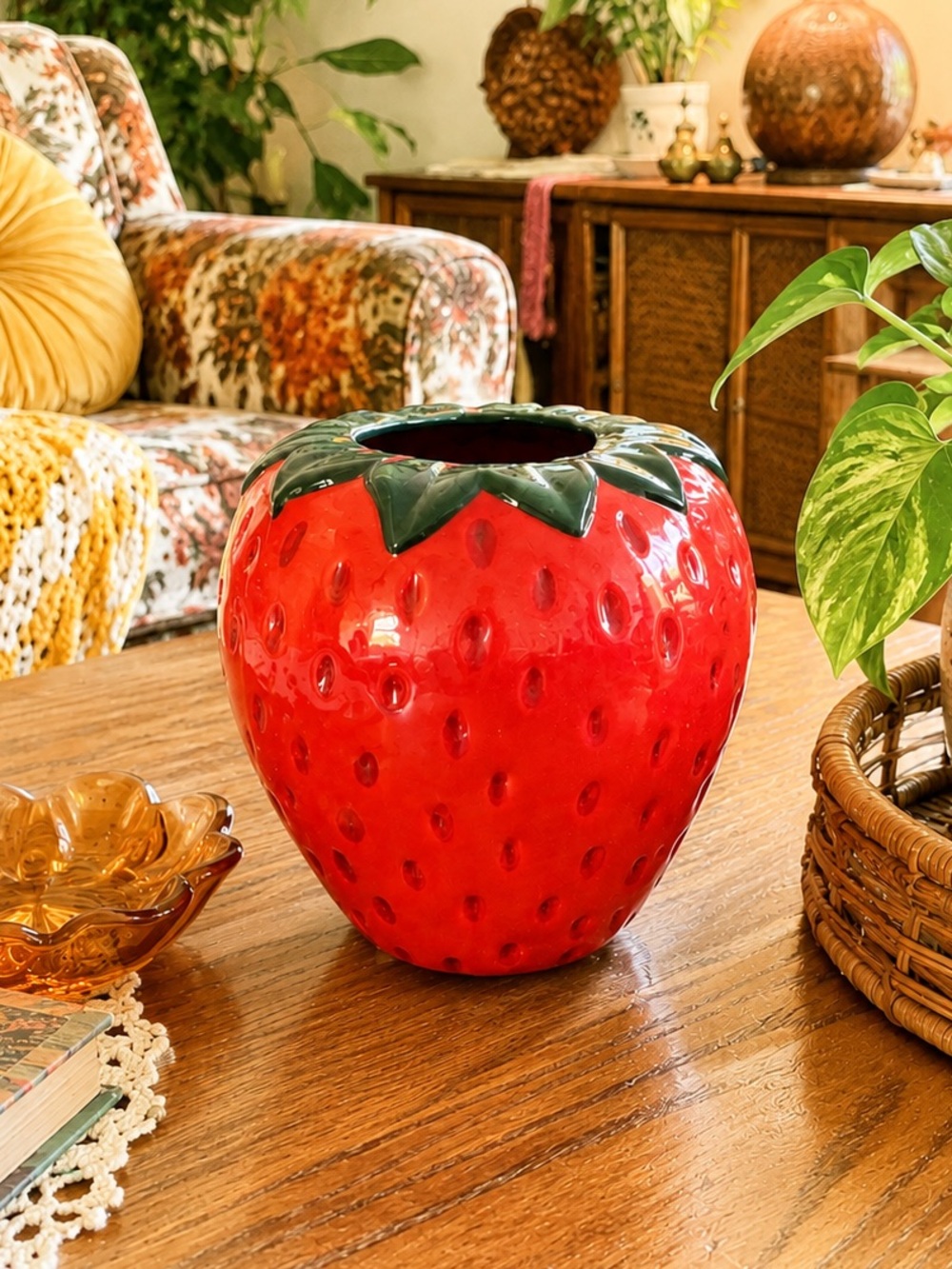 Vintage Ceramic Strawberry Shaped Vase Planter Cottage Core Boho